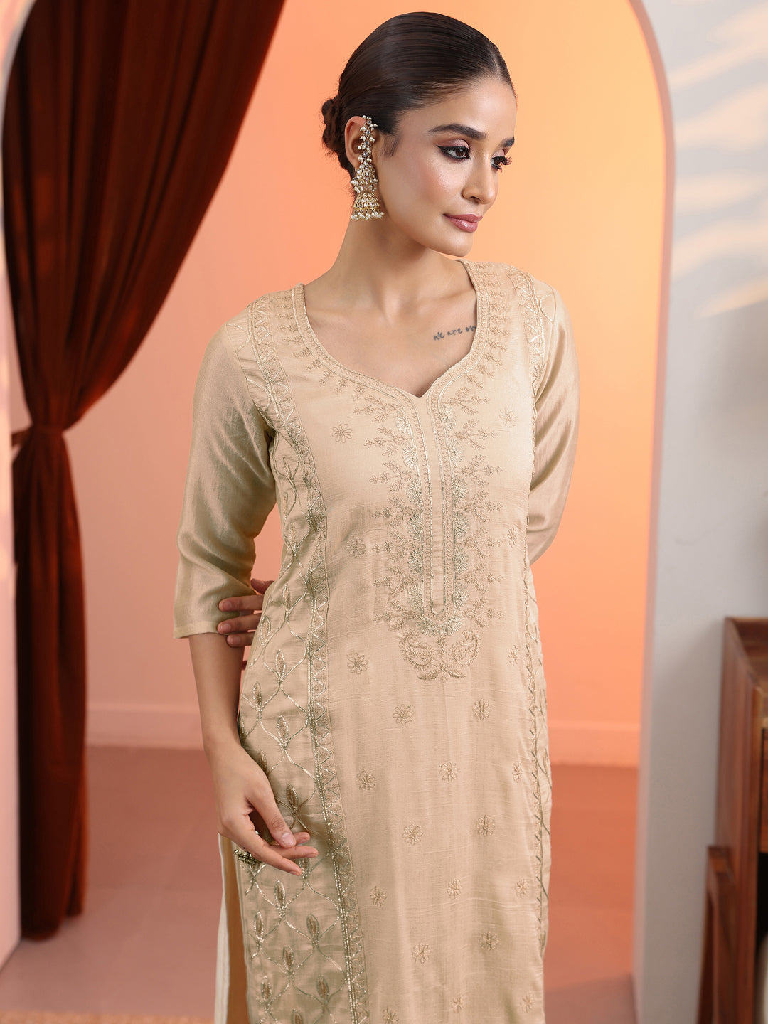  Cream Embroidered Chinon Straight Suit Set With Dupatta 