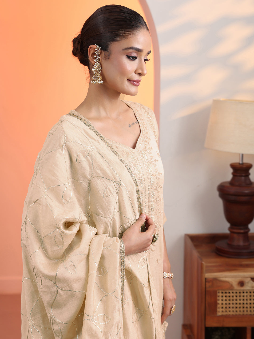  Cream Embroidered Chinon Straight Suit Set With Dupatta 