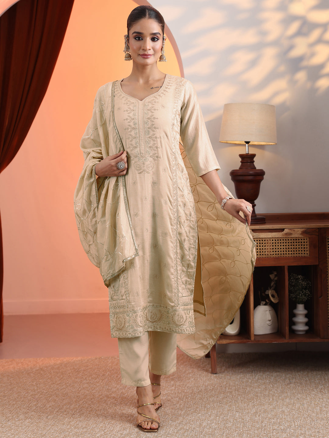 Cream Embroidered Chinon Straight Suit Set With Dupatta
