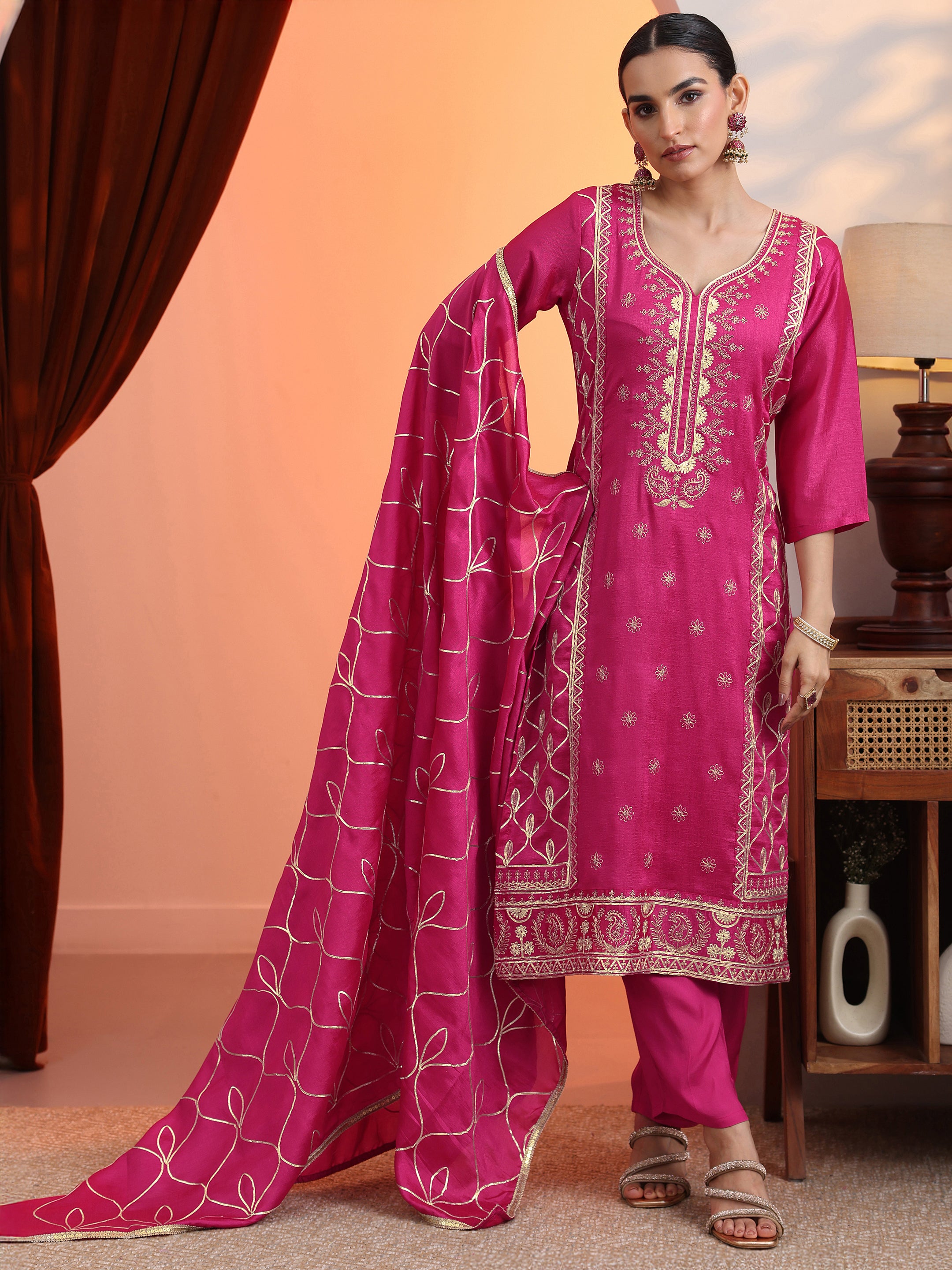 libas Pink Embroidered Chinon Straight Suit Set With Dupatta-picture-48
