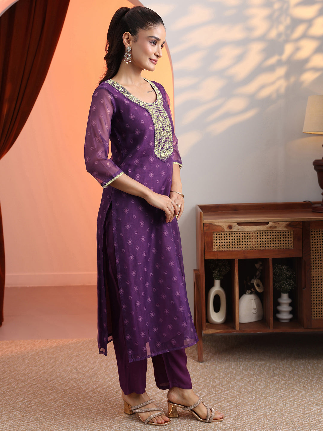  Purple Printed Organza Straight Suit Set With Dupatta 