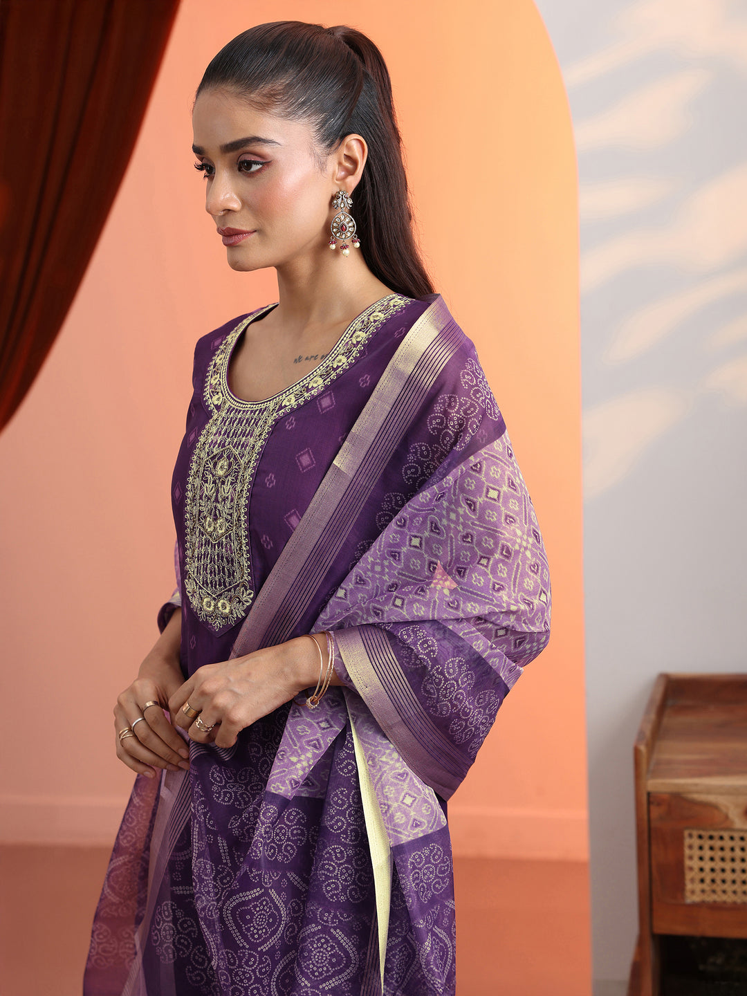  Purple Printed Organza Straight Suit Set With Dupatta 