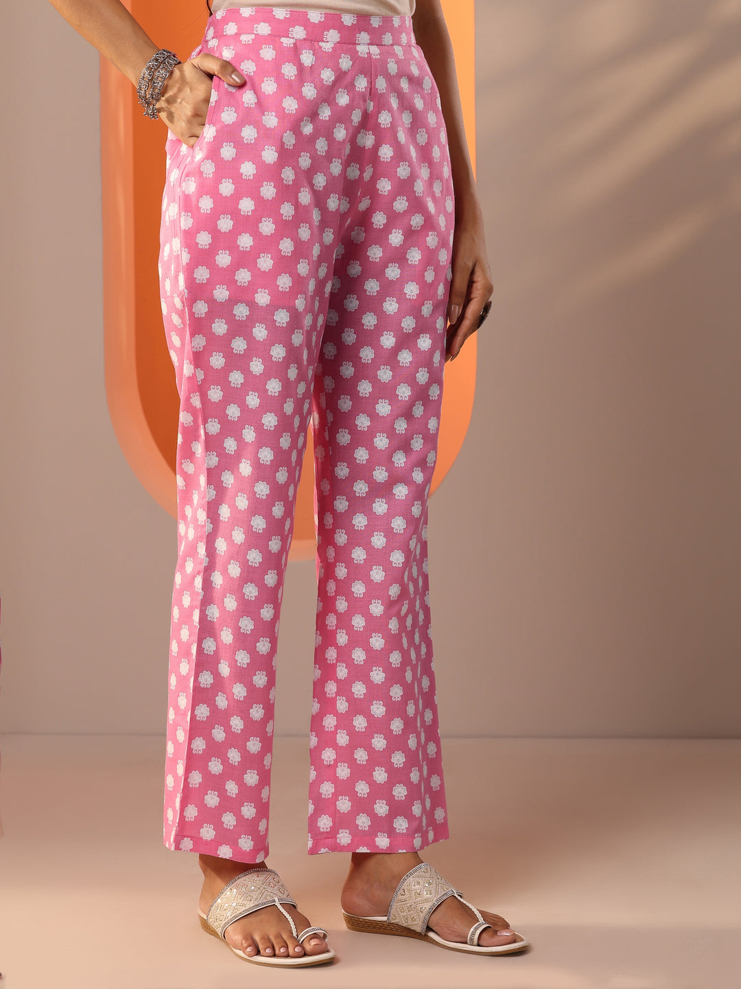  Pink Printed Cotton Anarkali Suit Set With Dupatta 