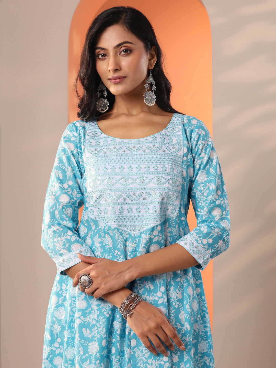  Blue Printed Cotton Straight Suit Set With Dupatta 