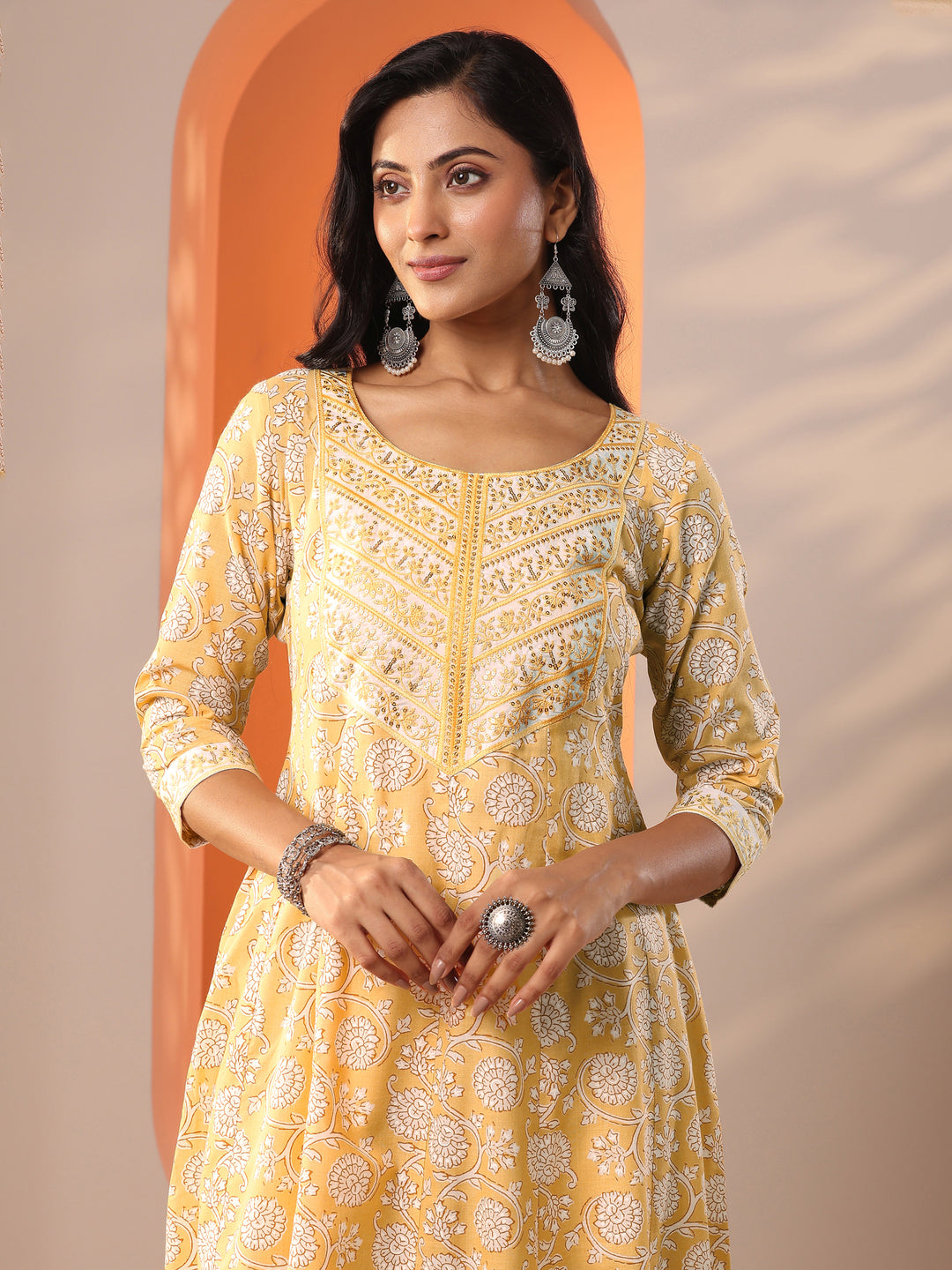  Yellow Printed Cotton Straight Suit Set With Dupatta 