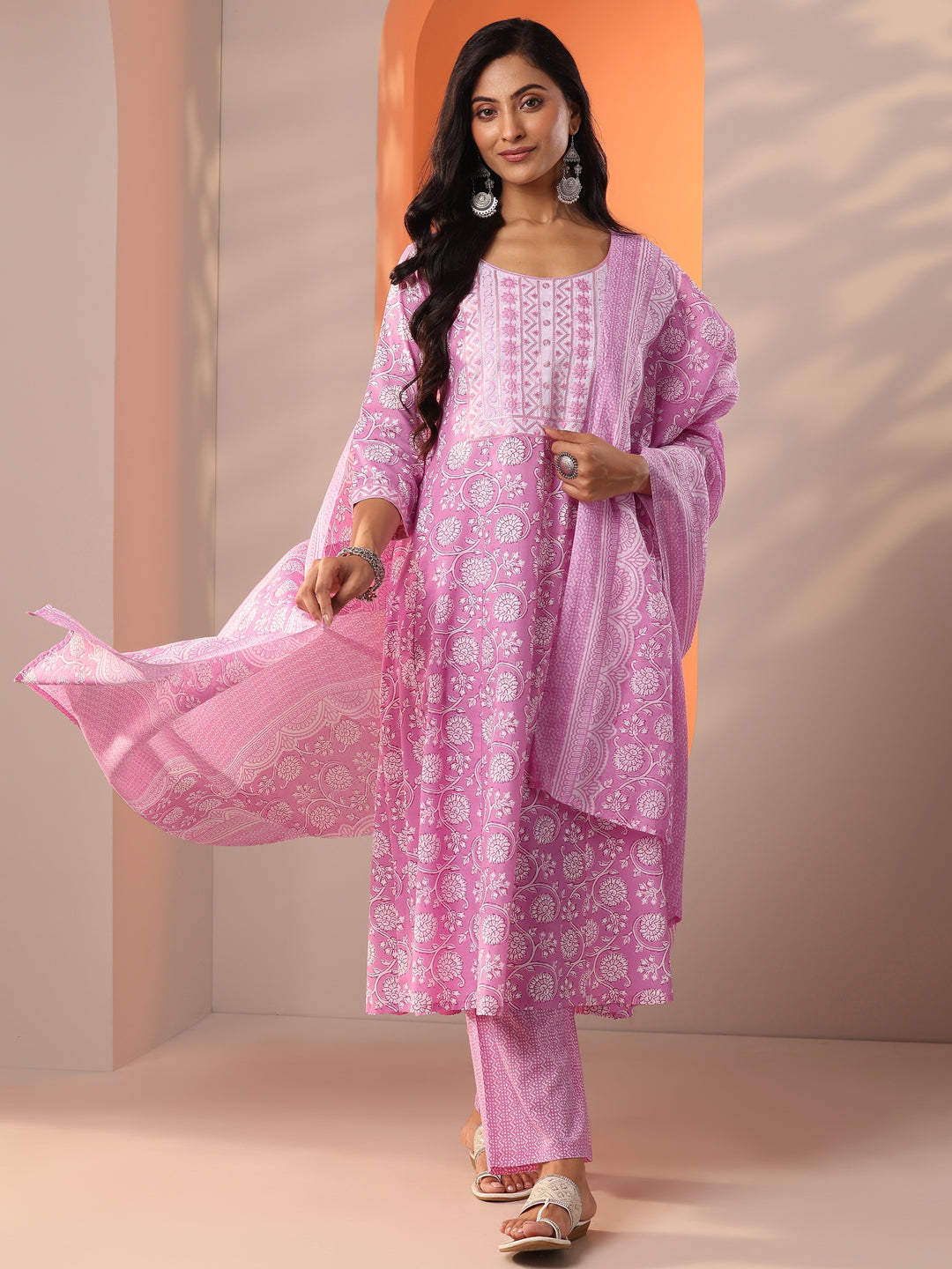  Pink Printed Cotton Straight Suit Set With Dupatta 
