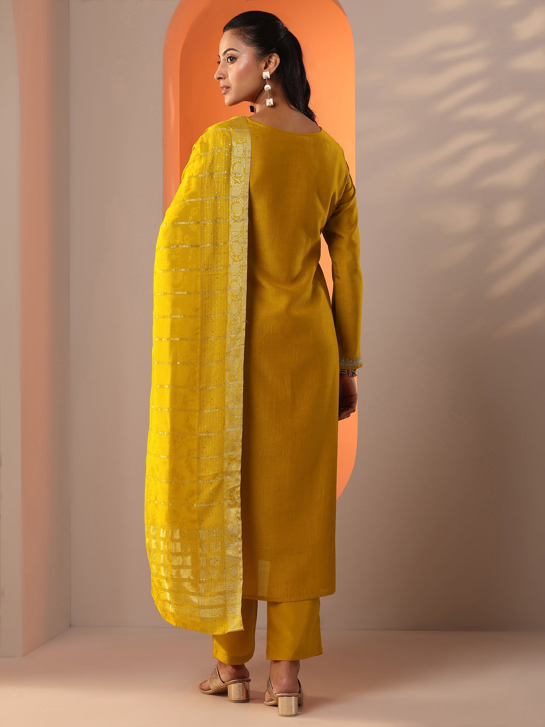  Mustard Embellished Silk Blend Straight Suit Set With Dupatta 
