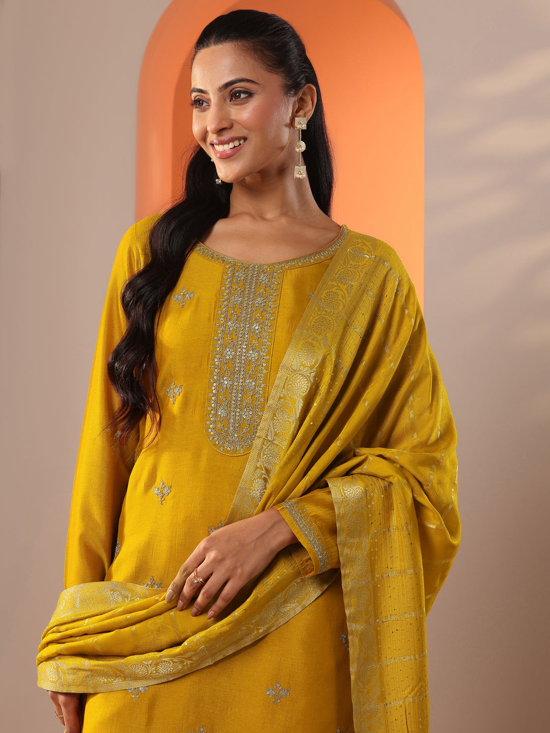  Mustard Embellished Silk Blend Straight Suit Set With Dupatta 
