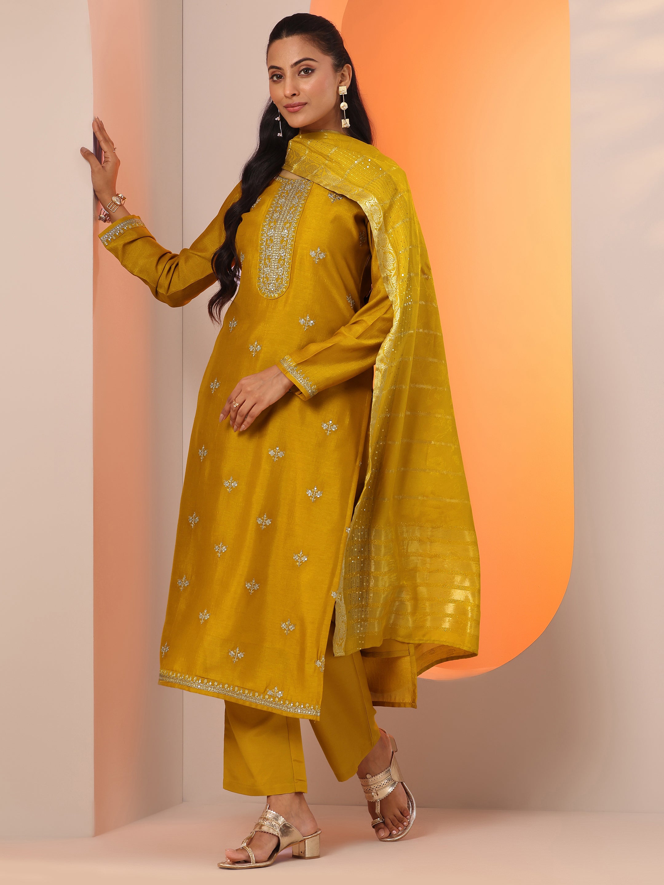 libas Mustard Embellished Silk Blend Straight Suit Set With Dupatta-picture-66