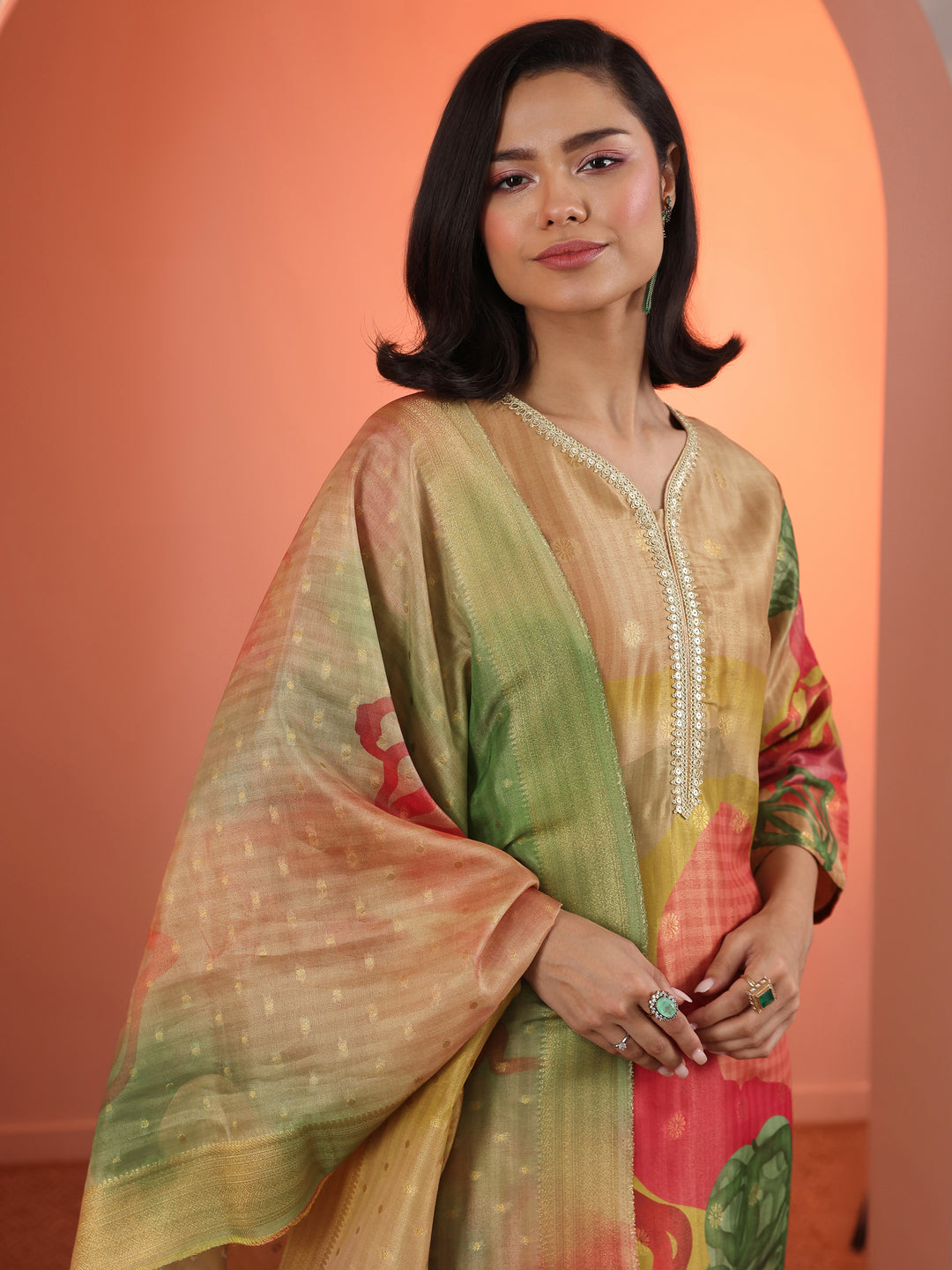  Multi Embellished Silk Blend Straight Suit Set With Dupatta 