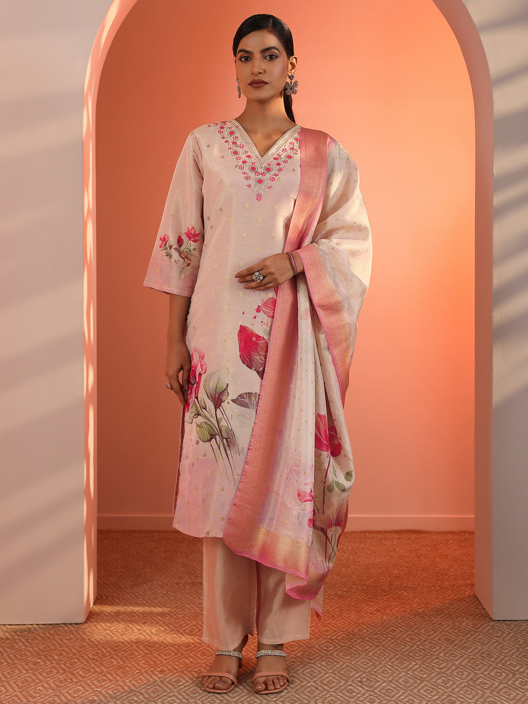  Peach Embellished Silk Blend Straight Suit Set With Dupatta 