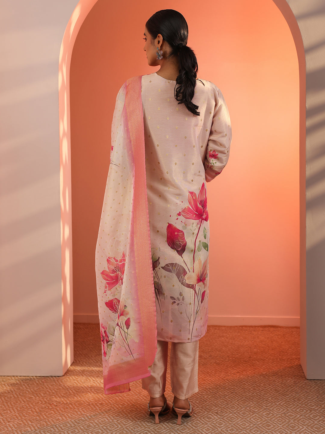  Peach Embellished Silk Blend Straight Suit Set With Dupatta 