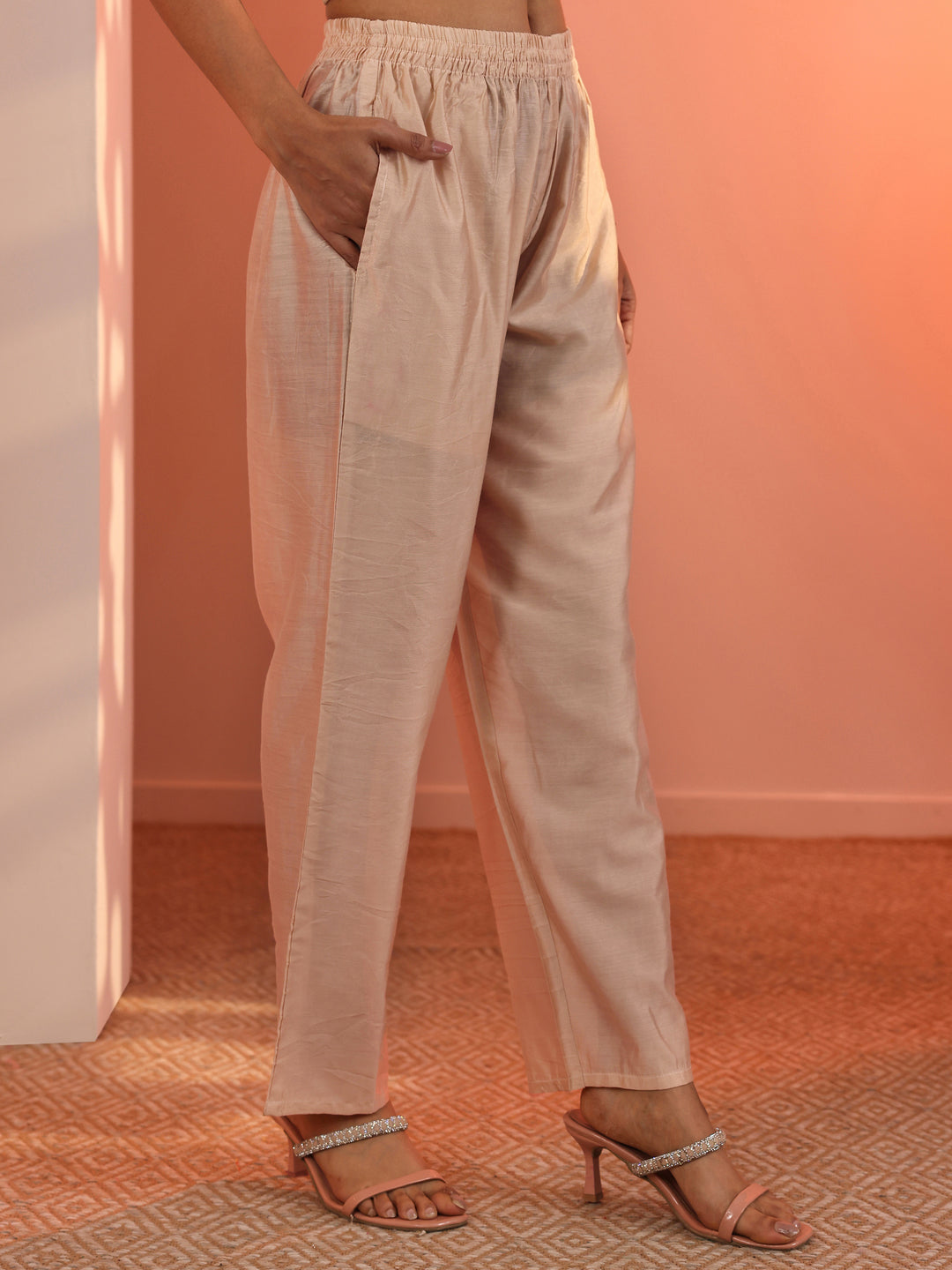  Peach Embellished Silk Blend Straight Suit Set With Dupatta 