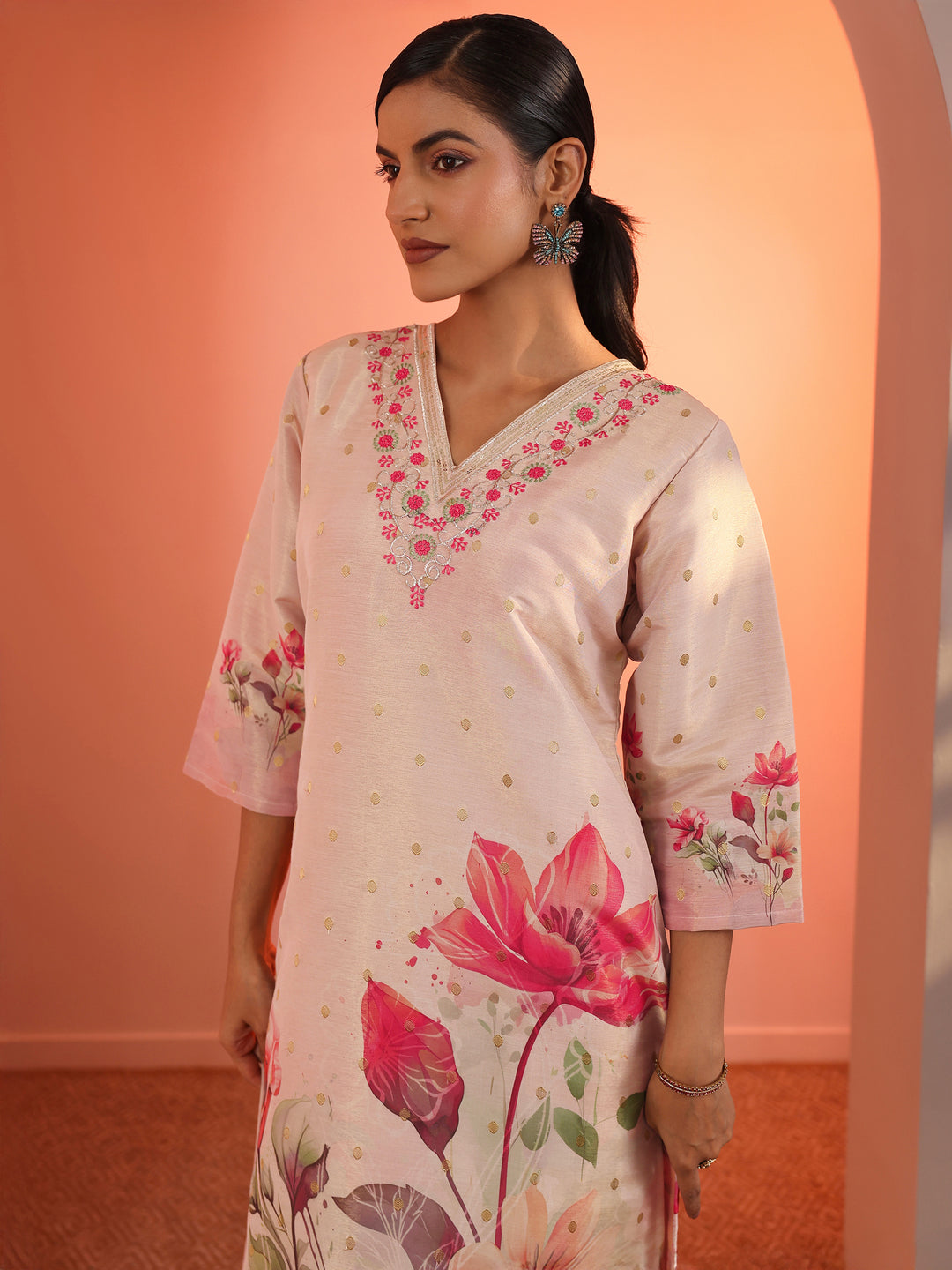  Peach Embellished Silk Blend Straight Suit Set With Dupatta 