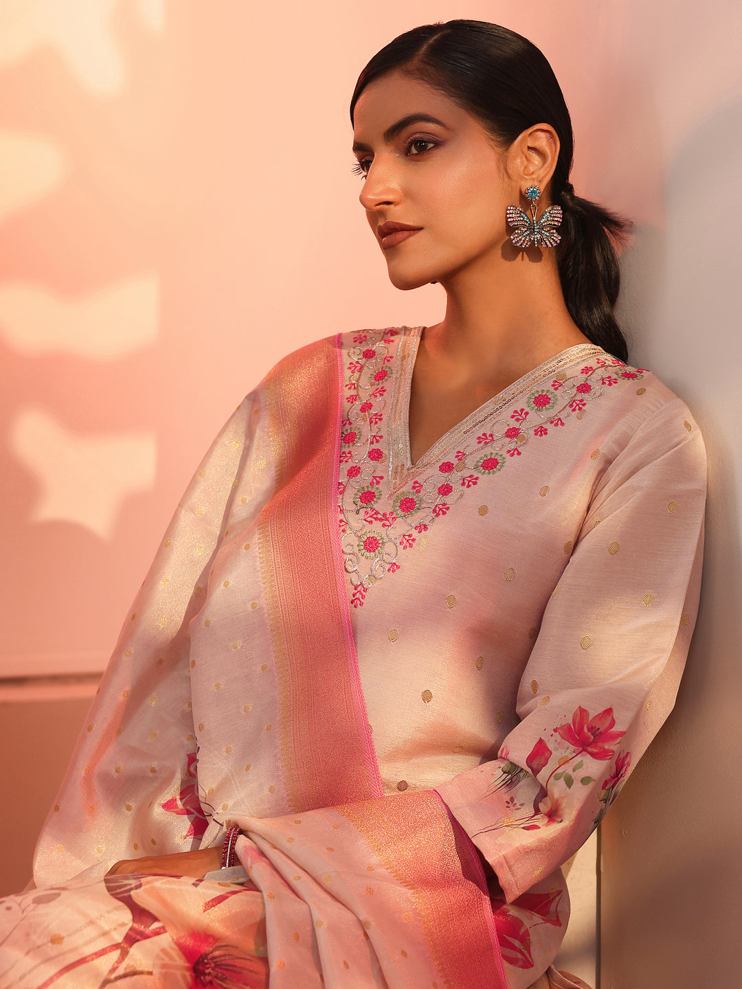 Peach Embellished Silk Blend Straight Suit Set With Dupatta