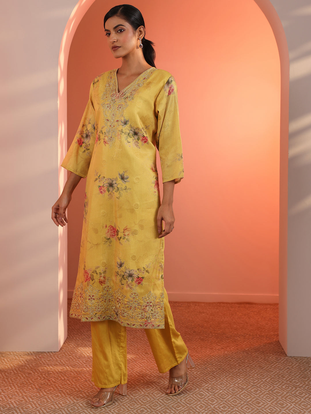  Yellow Printed Silk Blend Straight Suit Set With Dupatta 