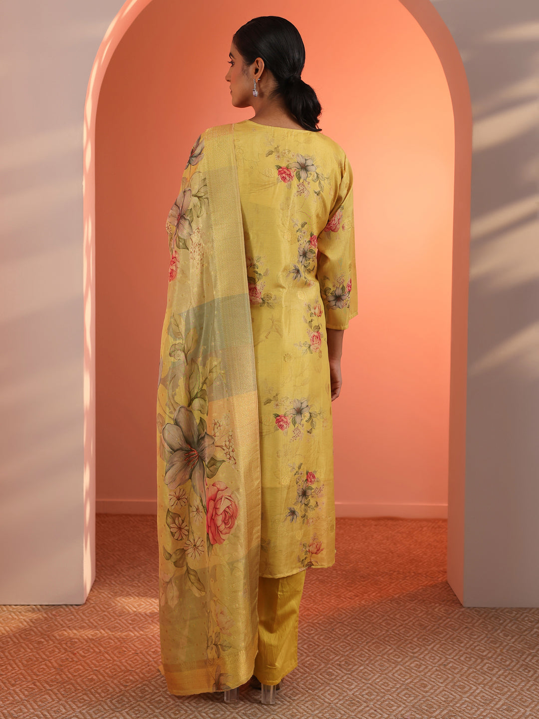 Yellow Printed Silk Blend Straight Suit Set With Dupatta 