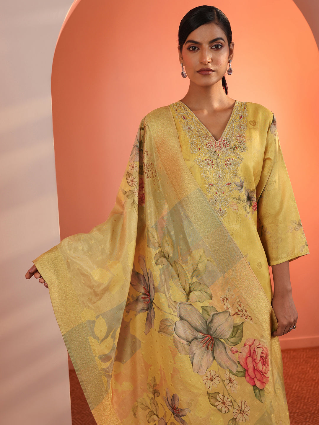  Yellow Printed Silk Blend Straight Suit Set With Dupatta 
