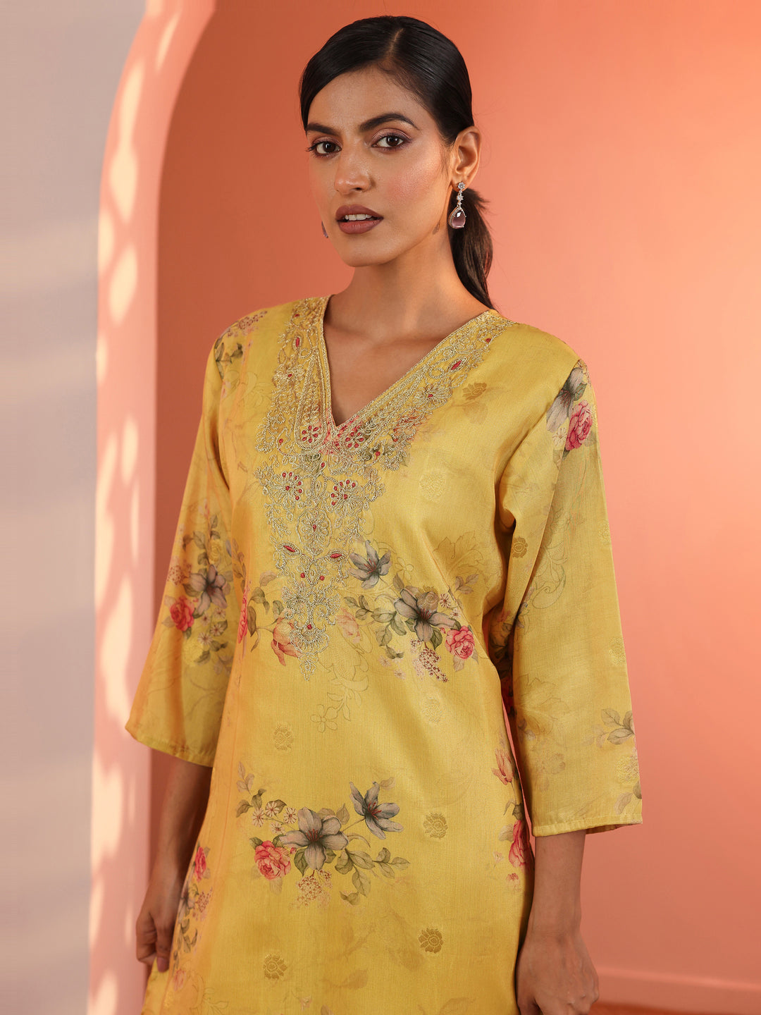  Yellow Printed Silk Blend Straight Suit Set With Dupatta 