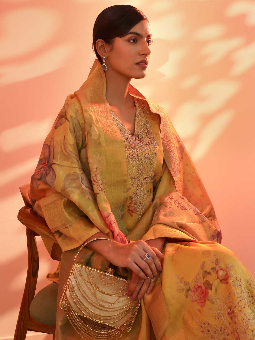  Yellow Printed Silk Blend Straight Suit Set With Dupatta 