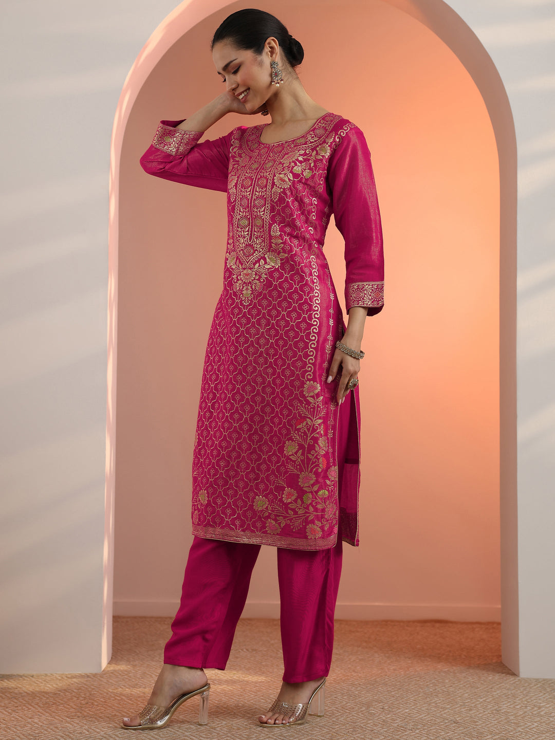  Pink Embellished Silk Blend Straight Suit Set With Dupatta 