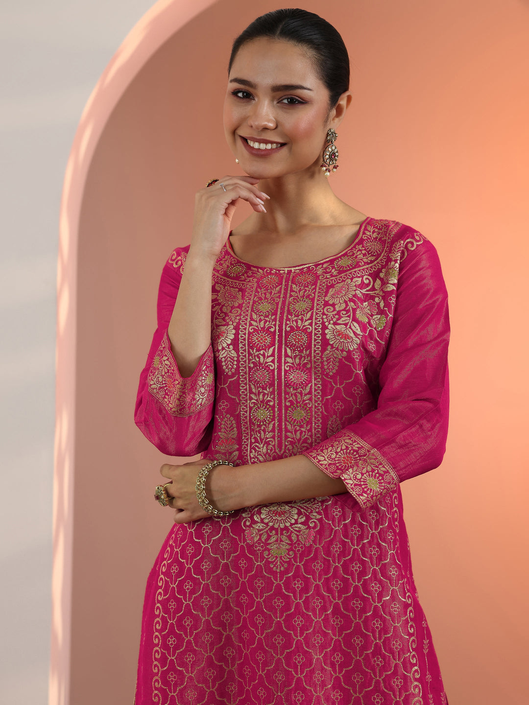  Pink Embellished Silk Blend Straight Suit Set With Dupatta 