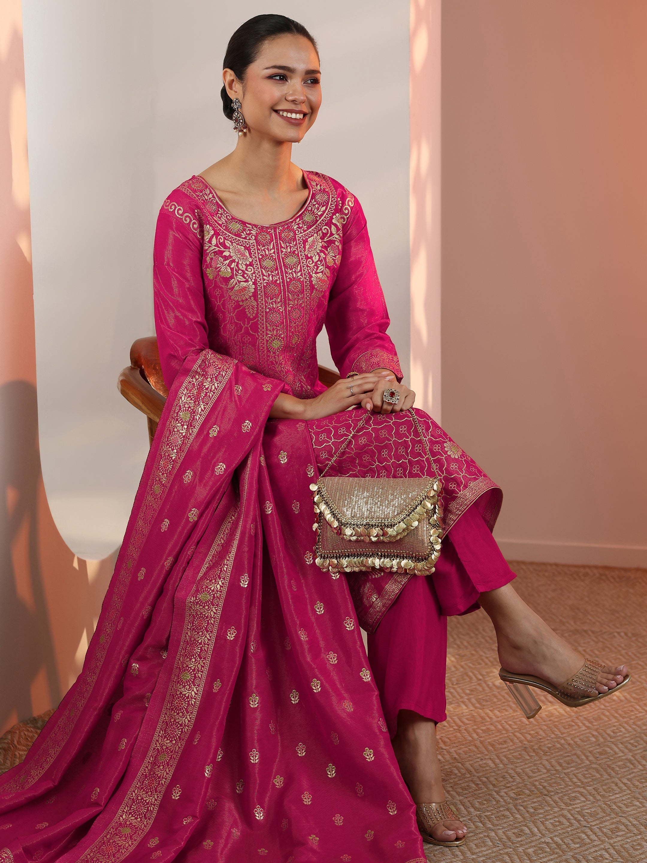 libas Pink Embellished Silk Blend Straight Suit Set With Dupatta-picture-36