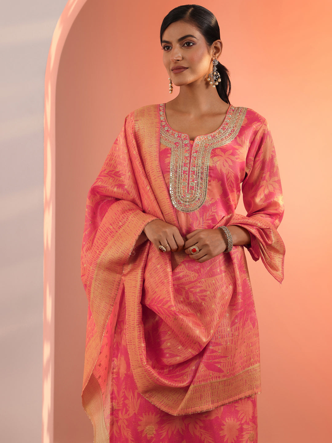  Orange Printed Silk Blend Straight Suit Set With Dupatta 