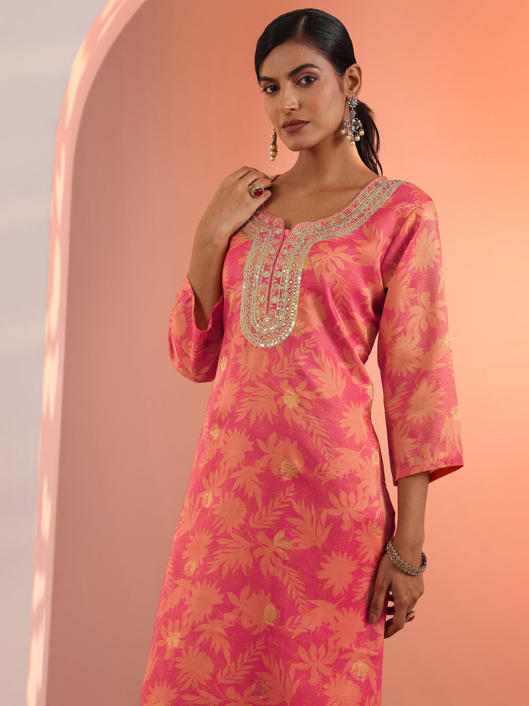  Orange Printed Silk Blend Straight Suit Set With Dupatta 