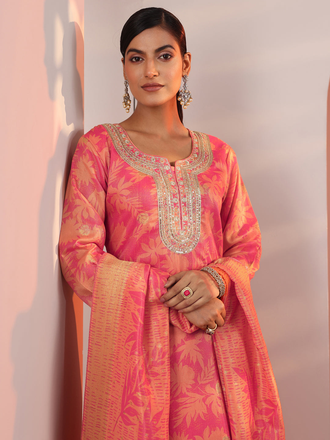 Orange Printed Silk Blend Straight Suit Set With Dupatta