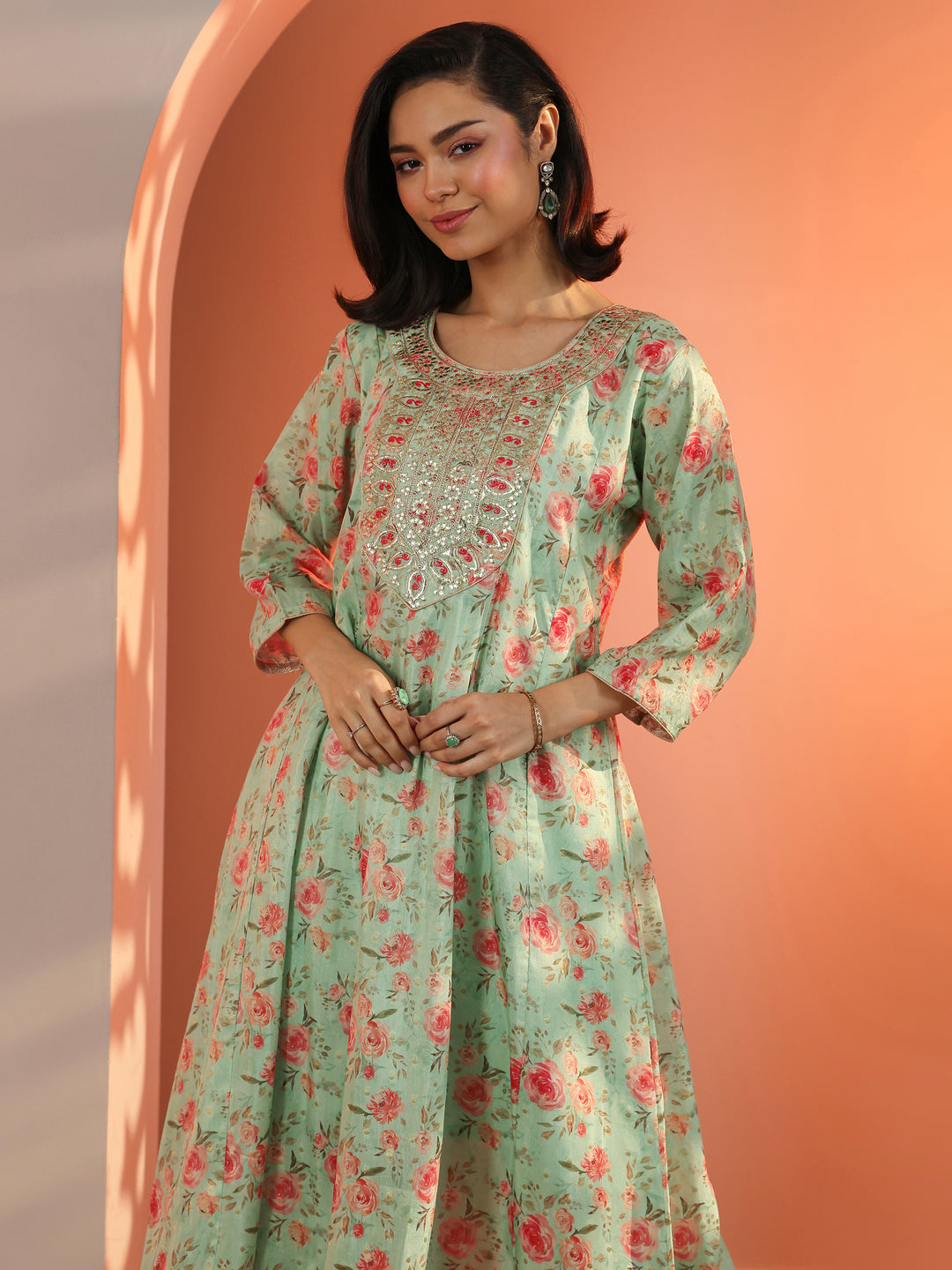  Green Embellished Silk Blend A-Line Suit Set With Dupatta 
