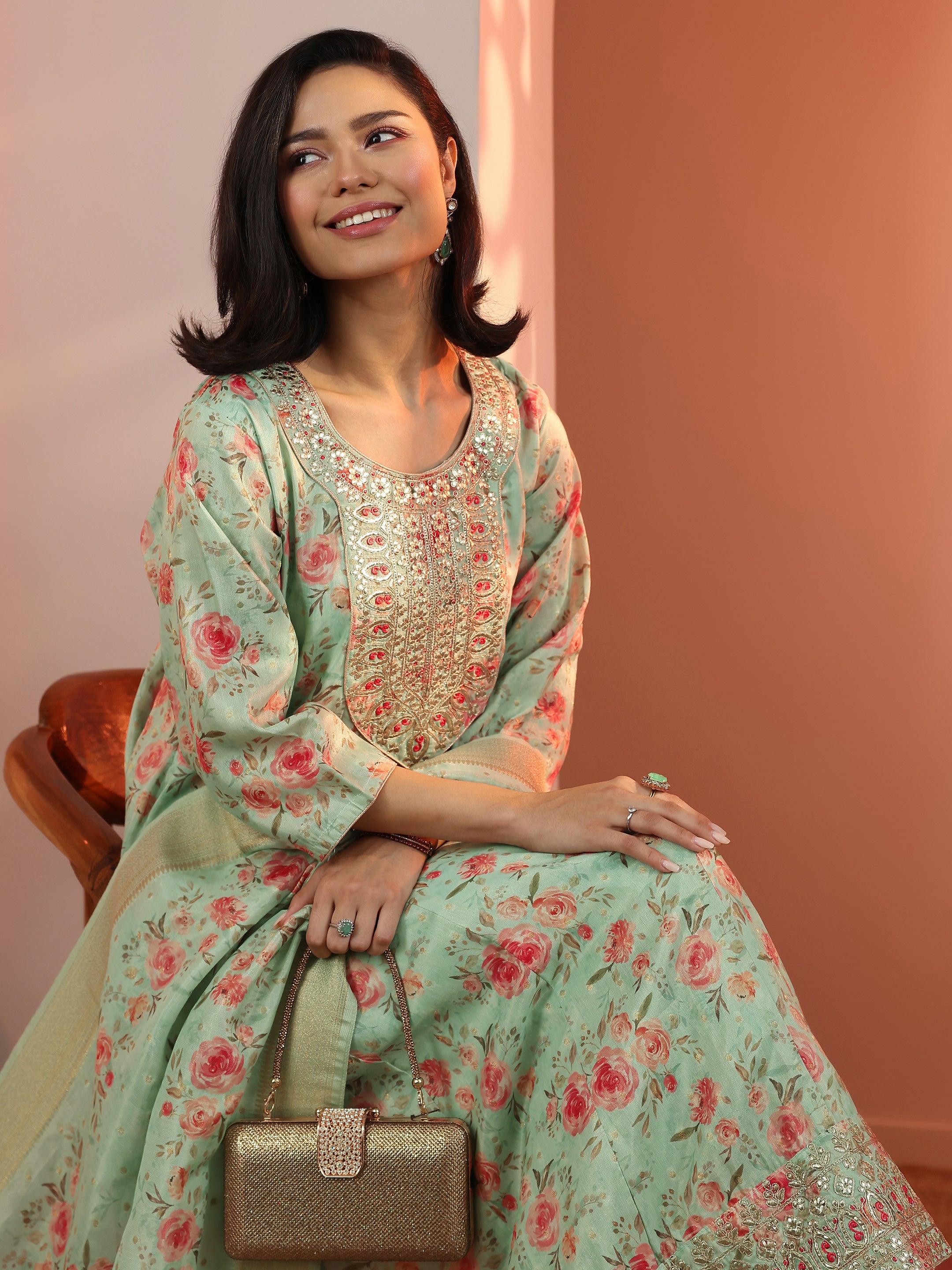 libas Green Embellished Silk Blend A-Line Suit Set With Dupatta-picture-68