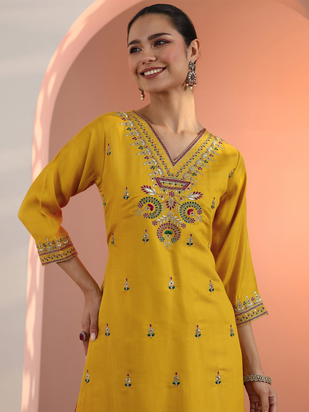  Mustard Embroidered Silk Blend Straight Suit Set With Dupatta 