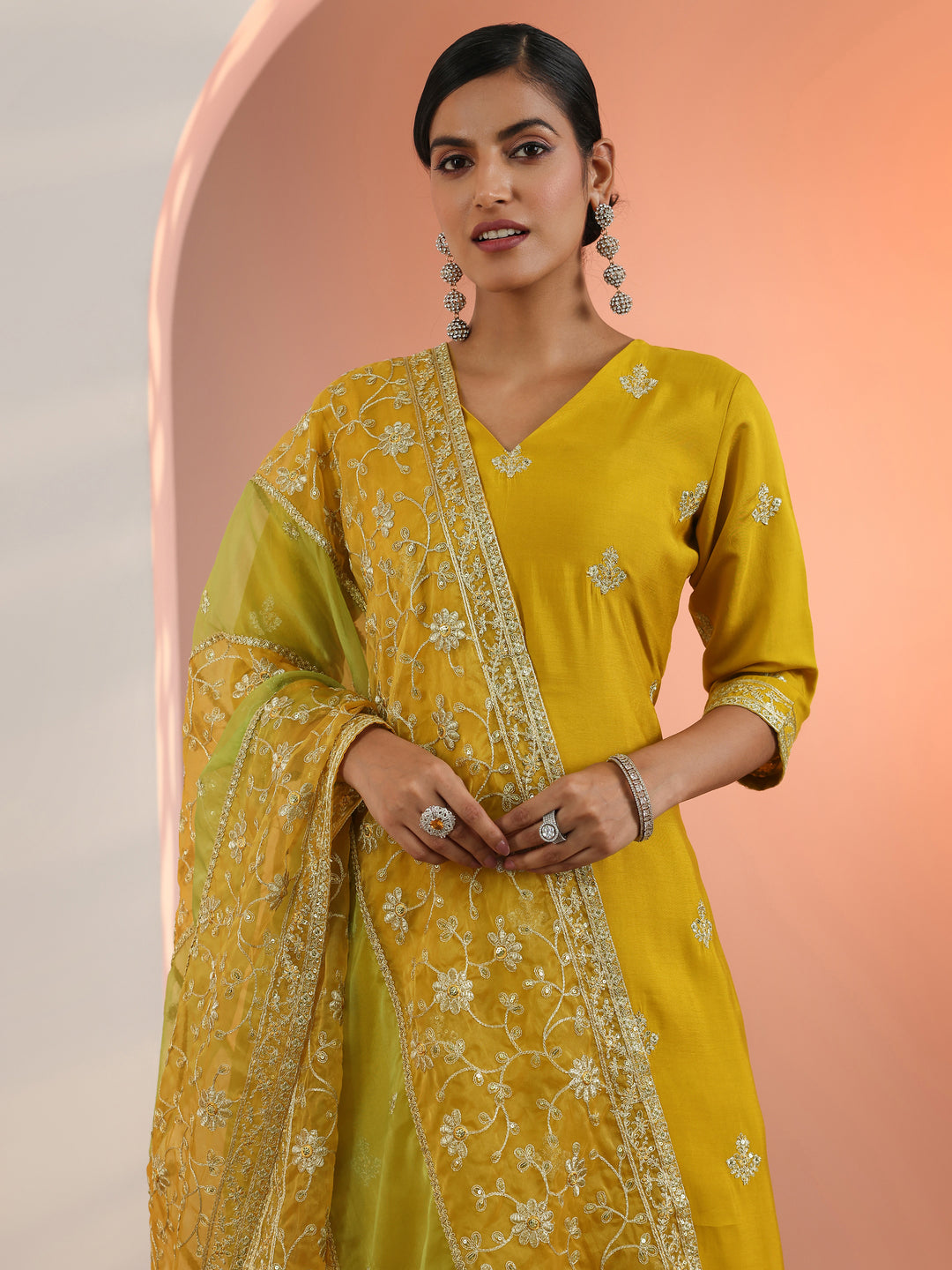  Mustard Embroidered Silk Blend Straight Suit Set With Dupatta 