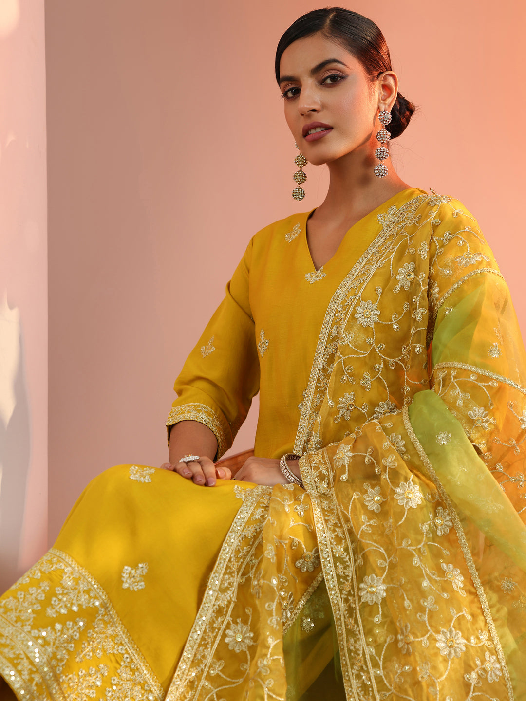 Mustard Embroidered Silk Blend Straight Suit Set With Dupatta