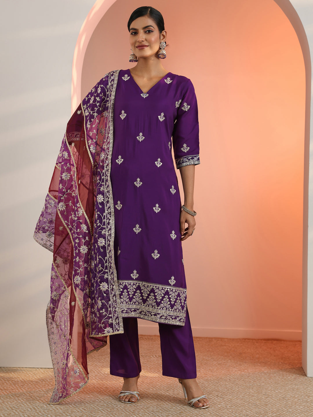  Purple Embroidered Silk Blend Straight Suit Set With Dupatta 