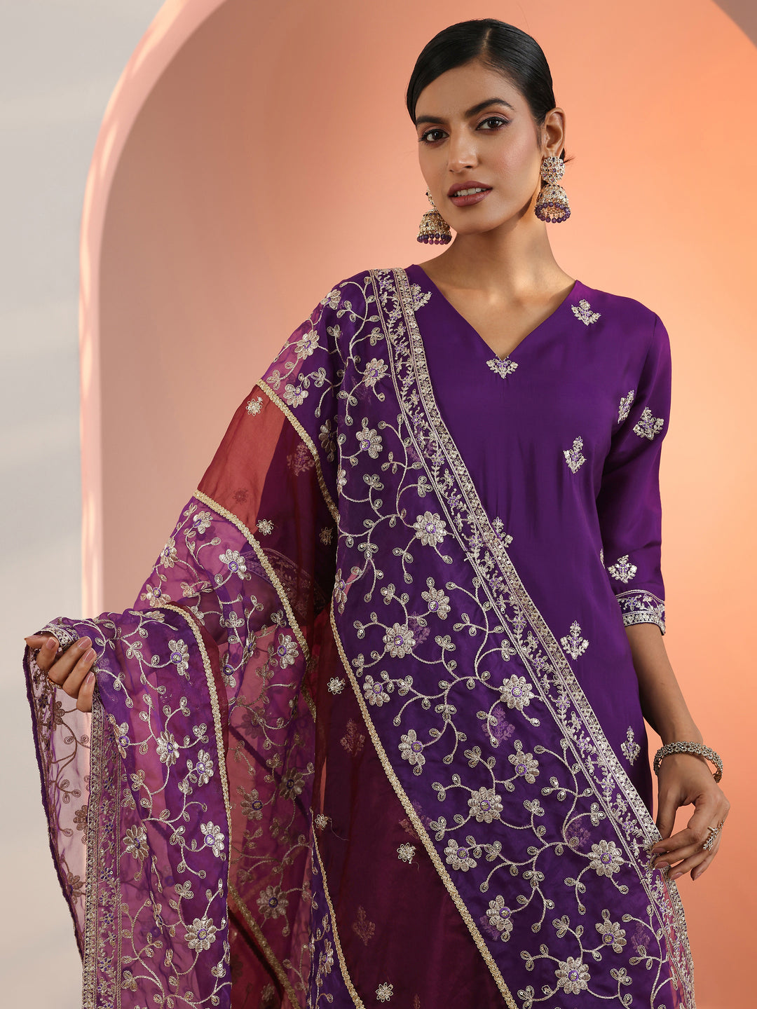 Purple Embroidered Silk Blend Straight Suit Set With Dupatta 