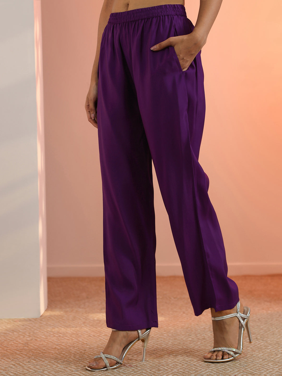  Purple Embroidered Silk Blend Straight Suit Set With Dupatta 