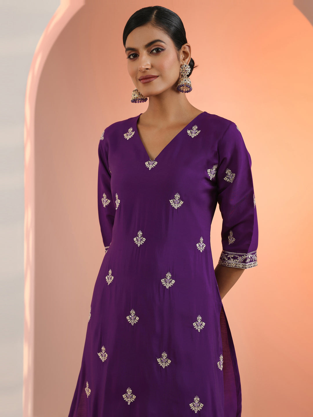  Purple Embroidered Silk Blend Straight Suit Set With Dupatta 