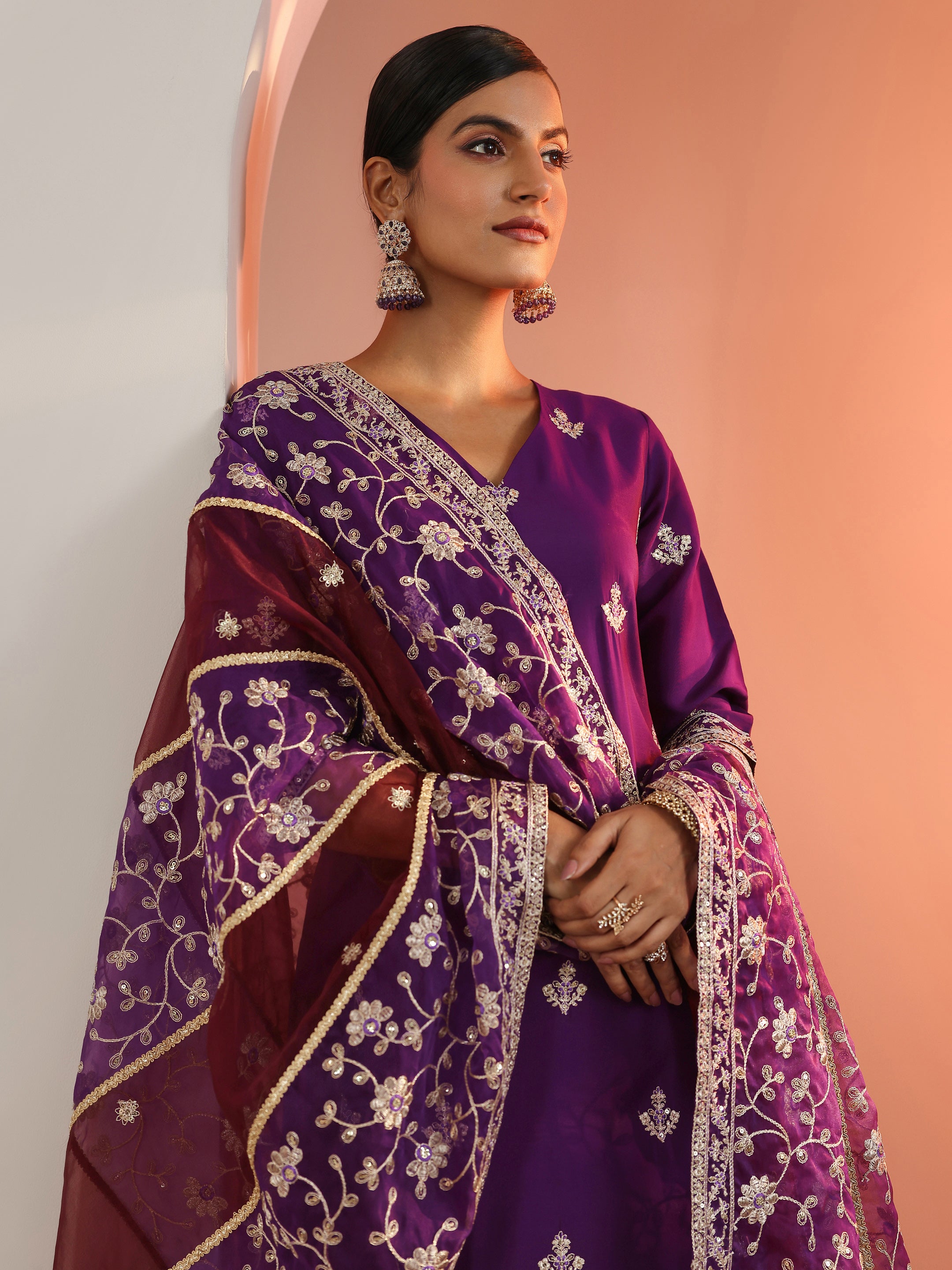 libas Purple Embroidered Silk Blend Straight Suit Set With Dupatta-picture-49