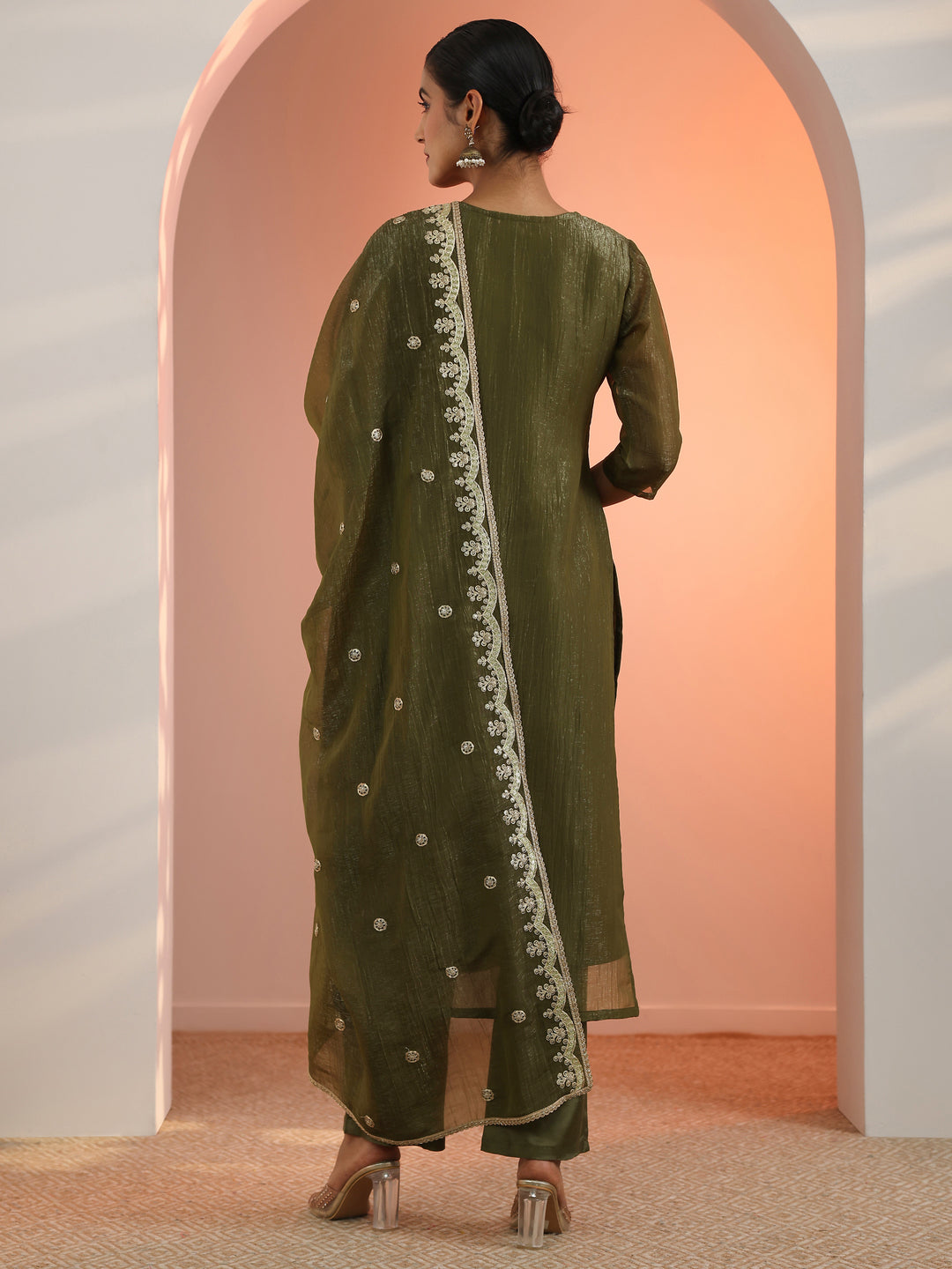  Olive Embroidered Chiffon Straight Suit Set With Dupatta 