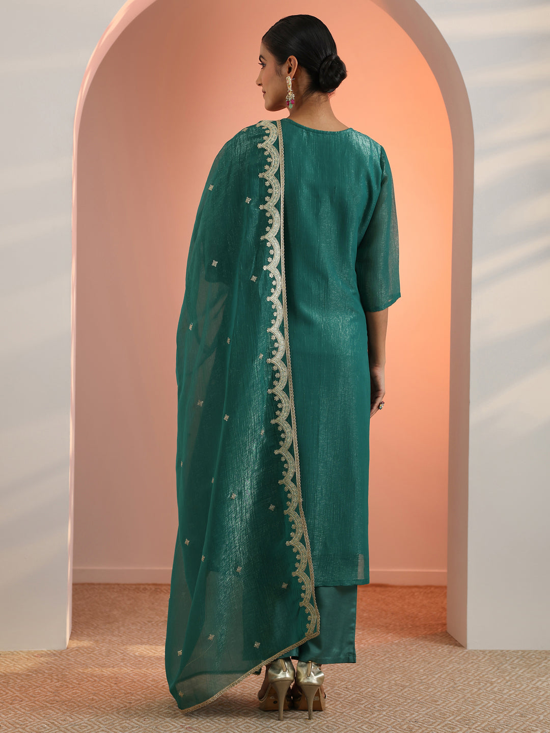  Green Embroidered Chiffon Straight Suit Set With Dupatta 