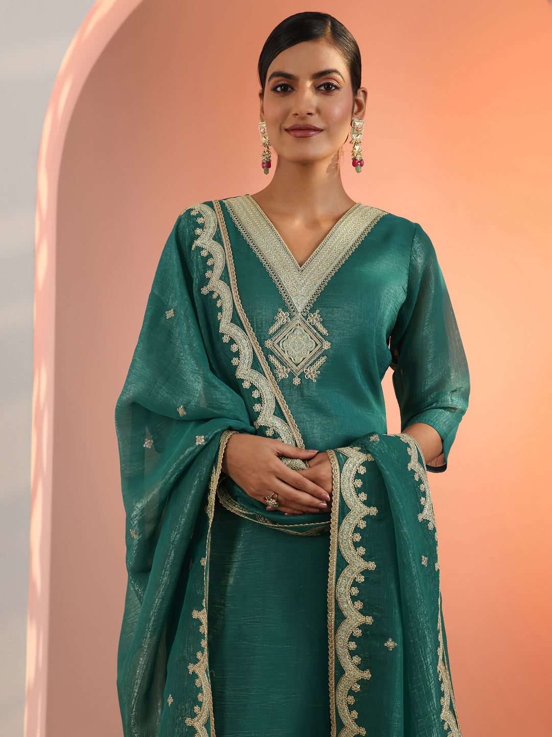  Green Embroidered Chiffon Straight Suit Set With Dupatta 