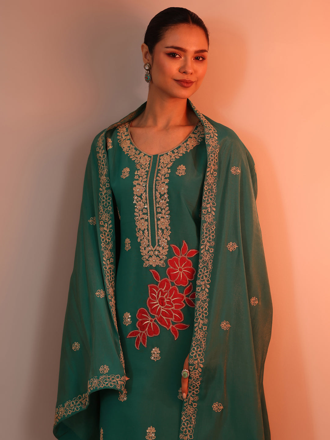  Green Embroidered Silk Blend Straight Suit Set With Dupatta 