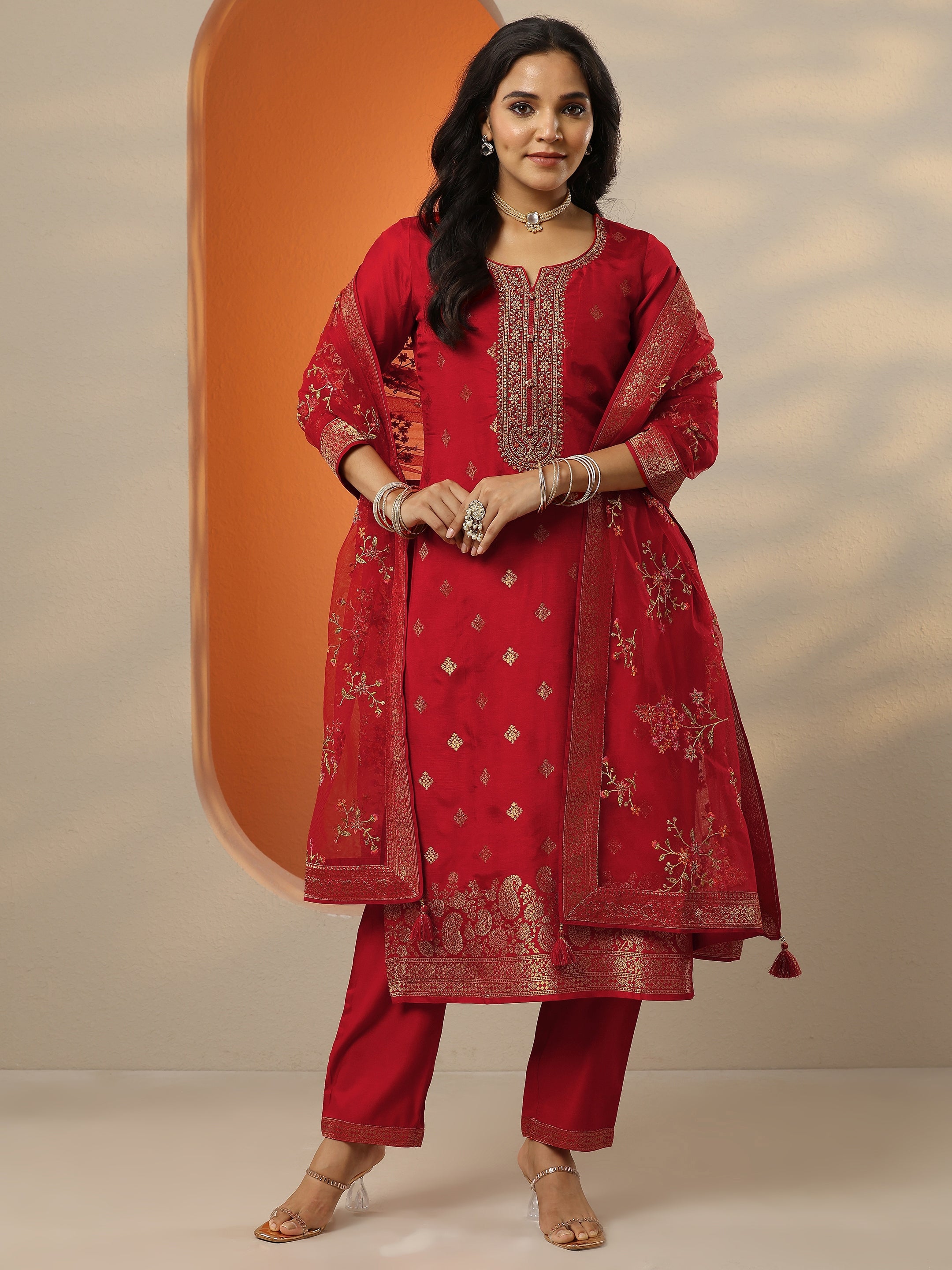 libas Red Woven Design Silk Blend Straight Suit Set With Dupatta-picture-54