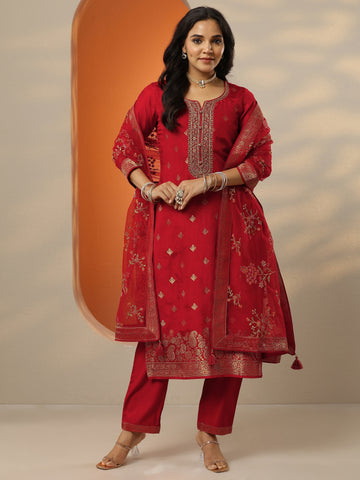 Red Woven Design Silk Blend Straight Suit Set With Dupatta