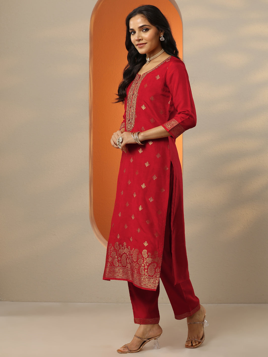  Libas Art Red Woven Design Silk Blend Straight Suit Set With Dupatta 