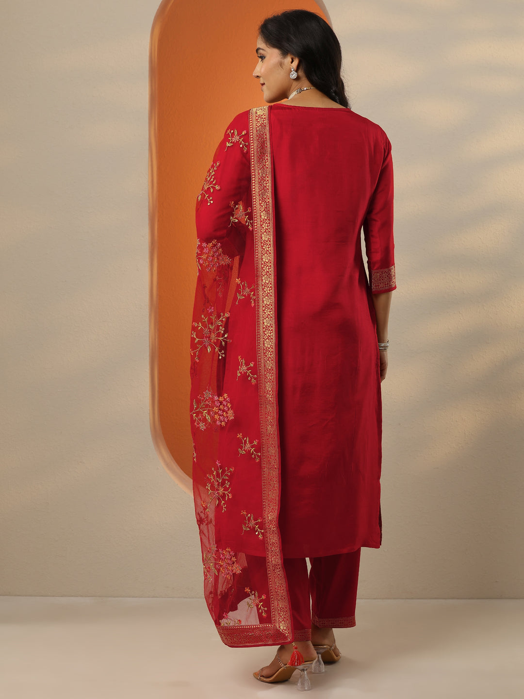  Libas Art Red Woven Design Silk Blend Straight Suit Set With Dupatta 