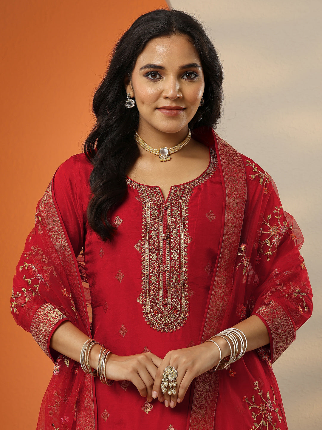  Libas Art Red Woven Design Silk Blend Straight Suit Set With Dupatta 