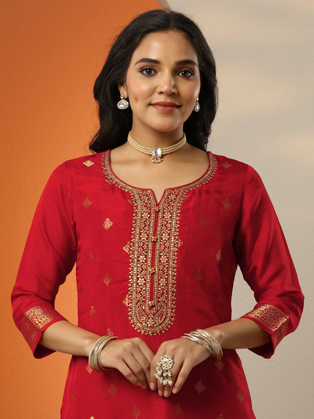  Libas Art Red Woven Design Silk Blend Straight Suit Set With Dupatta 
